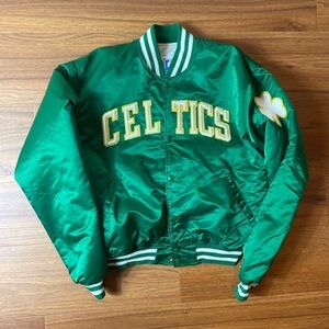 STARTER Green Boston Celtics Satin Bomber Jacket with Yellow & White Trim